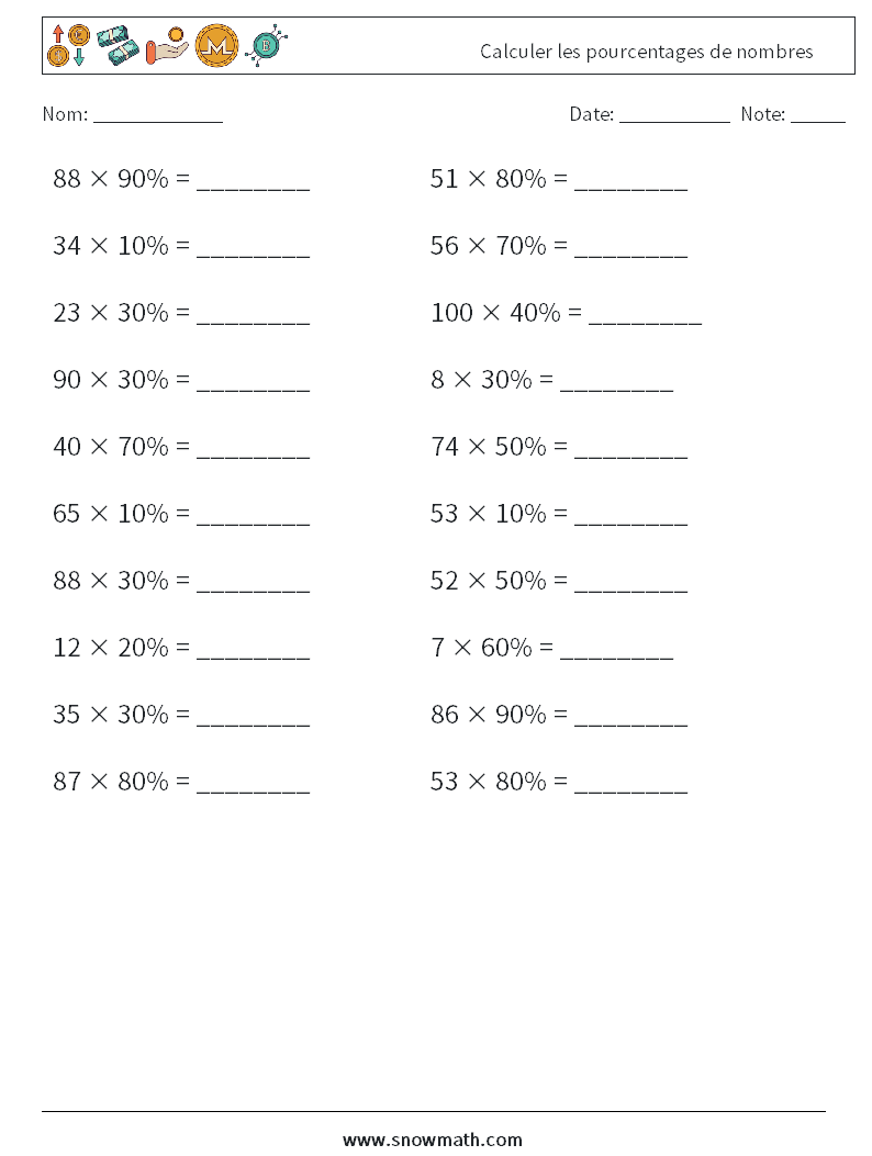 Calculer les pourcentages de nombres Fiches d'Exercices de Mathématiques 4