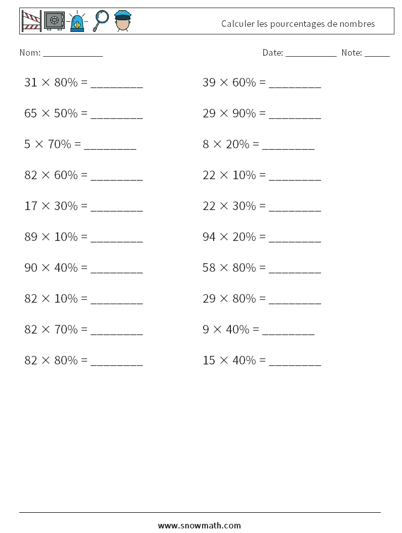 Calculer les pourcentages de nombres Fiches d'Exercices de Mathématiques 5