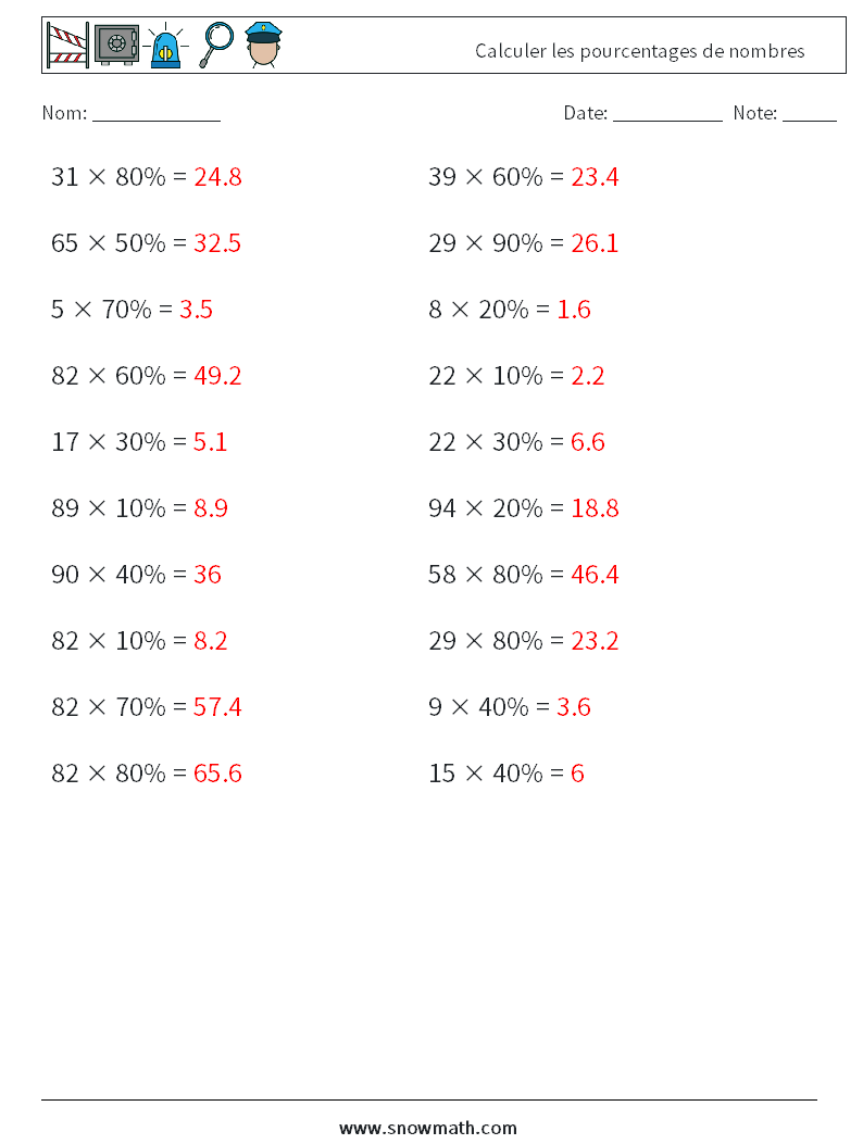 Calculer les pourcentages de nombres Fiches d'Exercices de Mathématiques 5 Question, Réponse