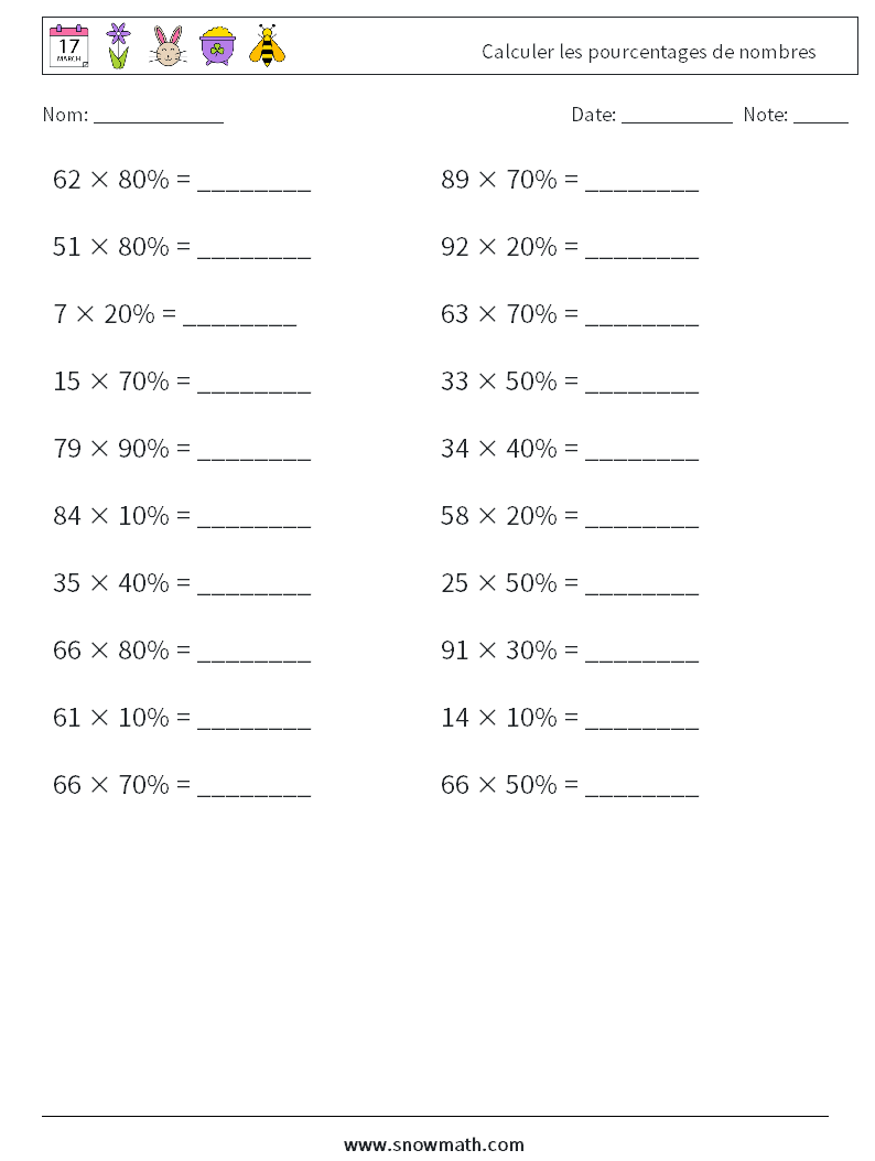 Calculer les pourcentages de nombres Fiches d'Exercices de Mathématiques 6