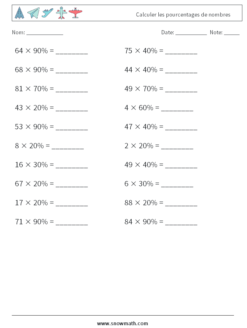 Calculer les pourcentages de nombres Fiches d'Exercices de Mathématiques 9