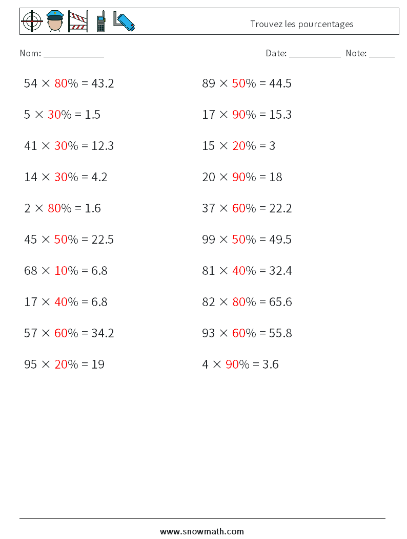 Trouvez les pourcentages Fiches d'Exercices de Mathématiques 1 Question, Réponse