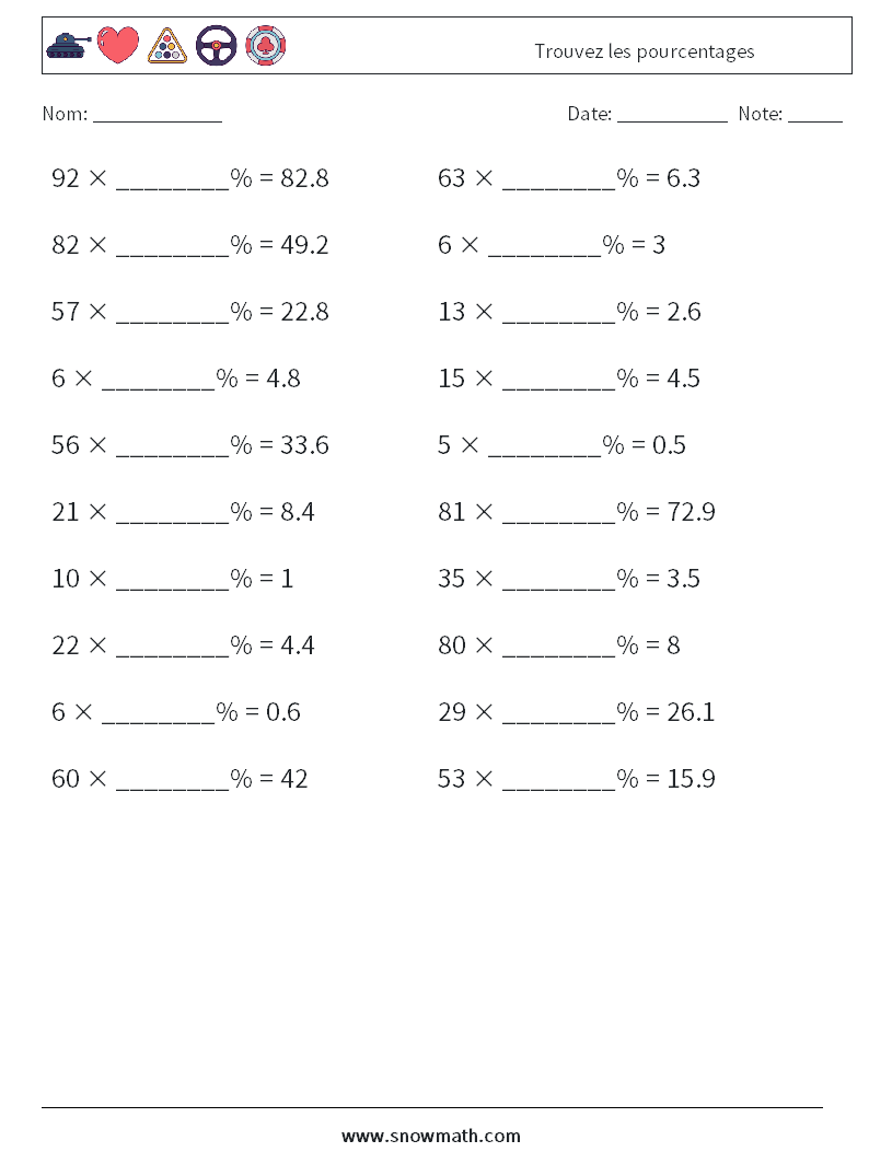 Trouvez les pourcentages Fiches d'Exercices de Mathématiques 2