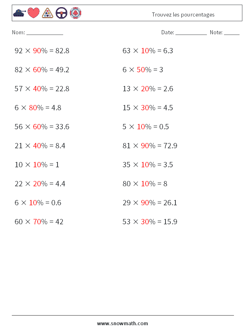 Trouvez les pourcentages Fiches d'Exercices de Mathématiques 2 Question, Réponse