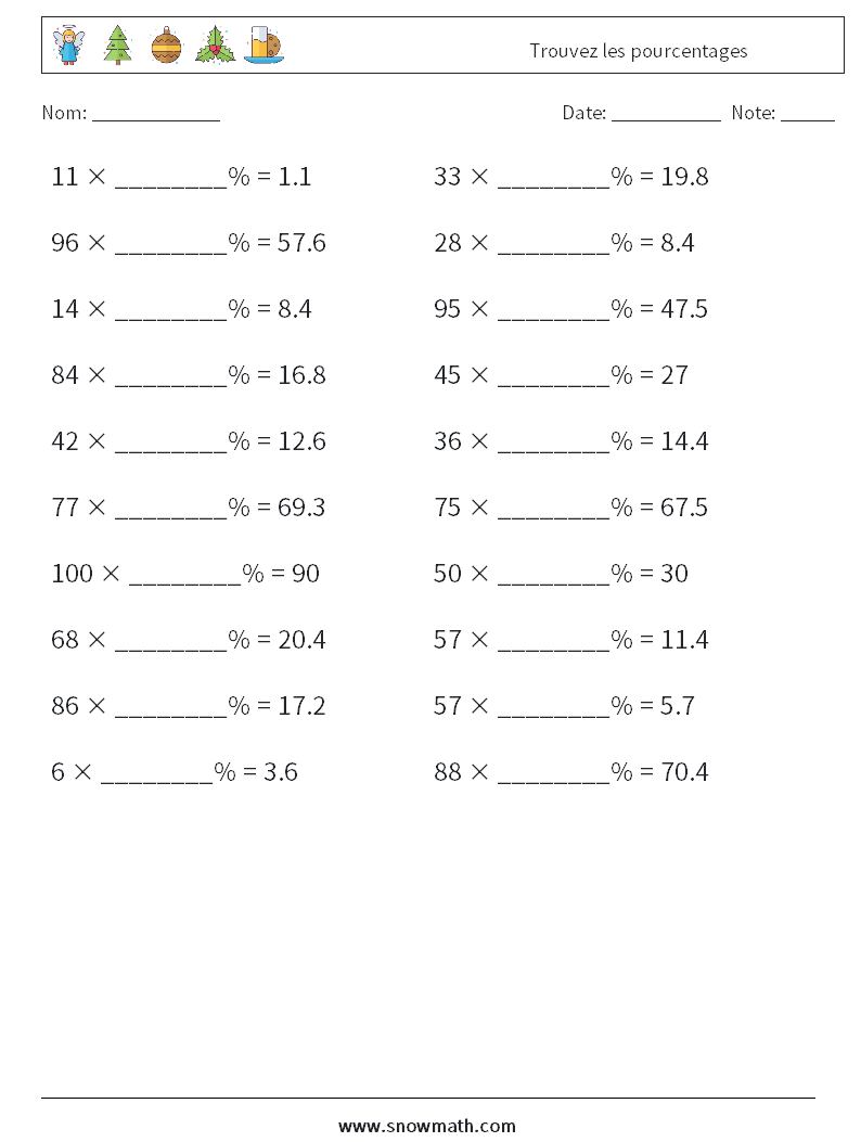 Trouvez les pourcentages Fiches d'Exercices de Mathématiques 7