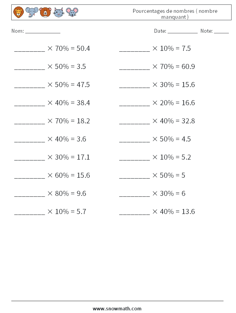 Pourcentages de nombres ( nombre manquant ) Fiches d'Exercices de Mathématiques 3