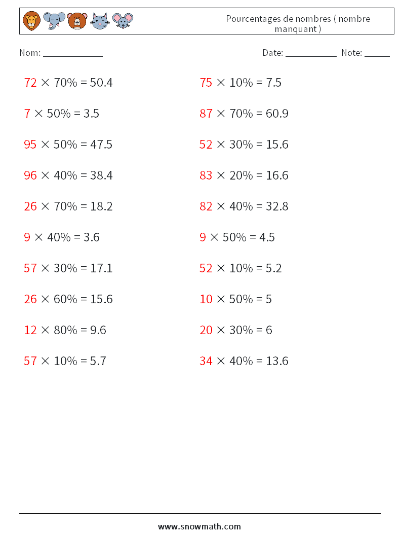 Pourcentages de nombres ( nombre manquant ) Fiches d'Exercices de Mathématiques 3 Question, Réponse