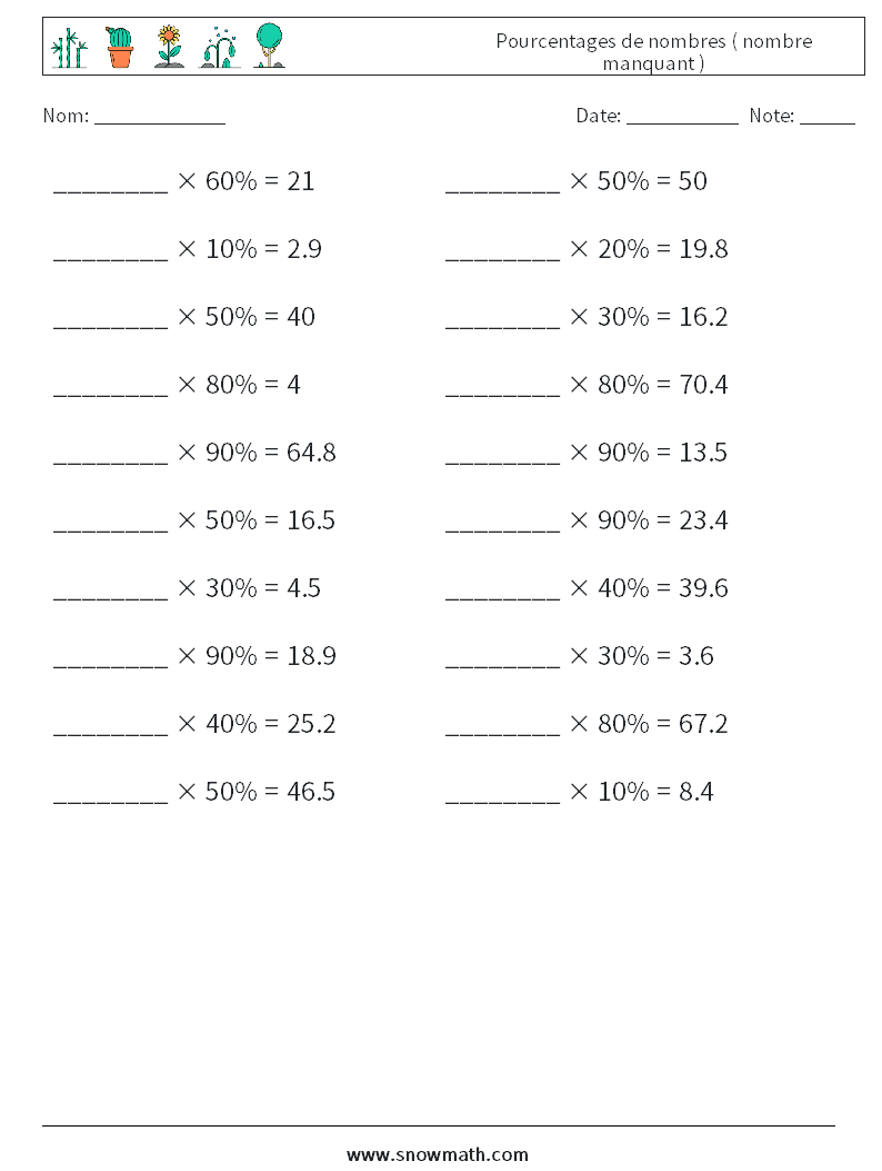 Pourcentages de nombres ( nombre manquant ) Fiches d'Exercices de Mathématiques 4