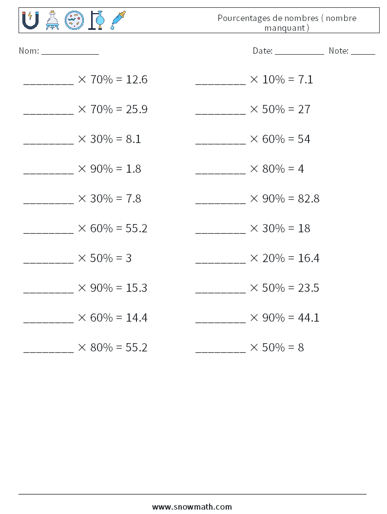 Pourcentages de nombres ( nombre manquant ) Fiches d'Exercices de Mathématiques 5