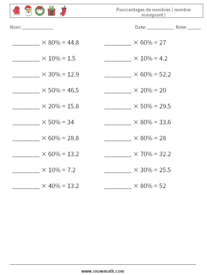 Pourcentages de nombres ( nombre manquant ) Fiches d'Exercices de Mathématiques 6