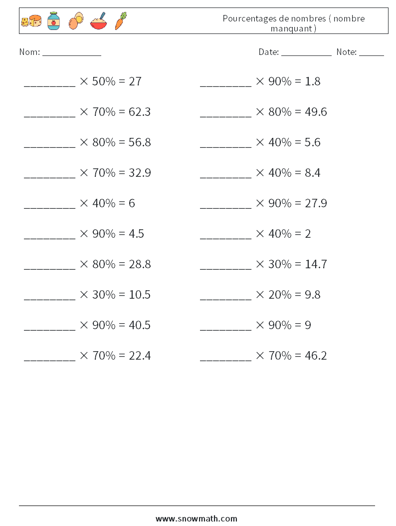 Pourcentages de nombres ( nombre manquant ) Fiches d'Exercices de Mathématiques 8