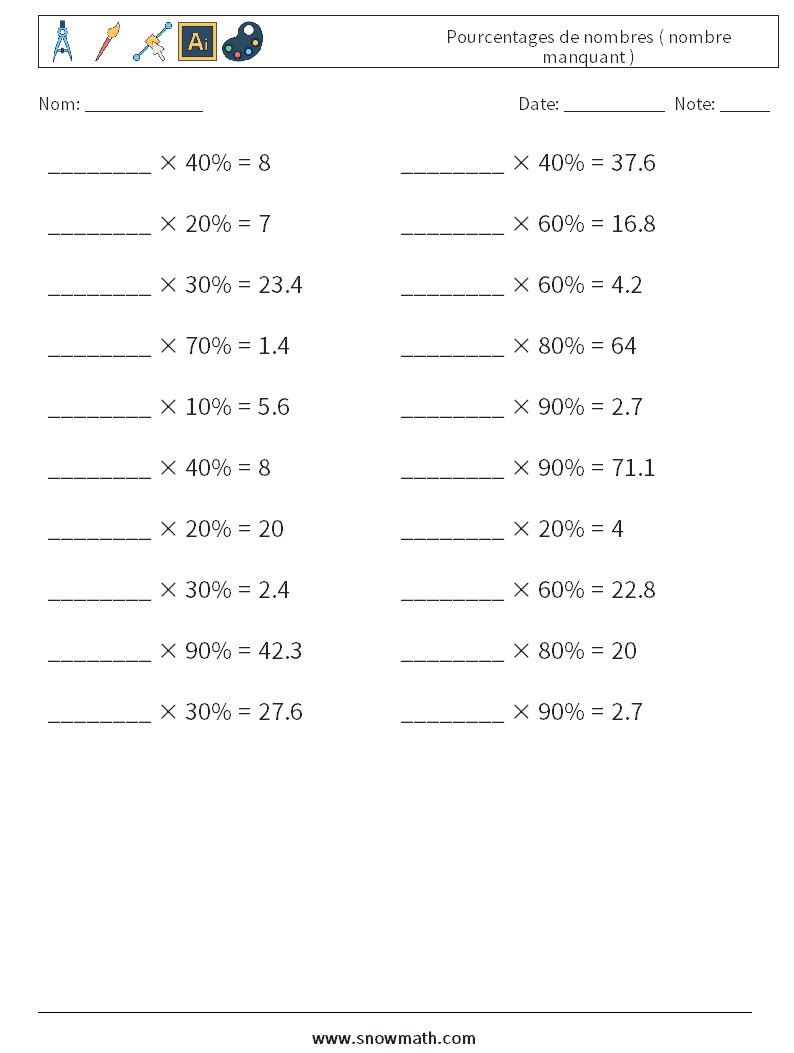 Pourcentages de nombres ( nombre manquant ) Fiches d'Exercices de Mathématiques 9
