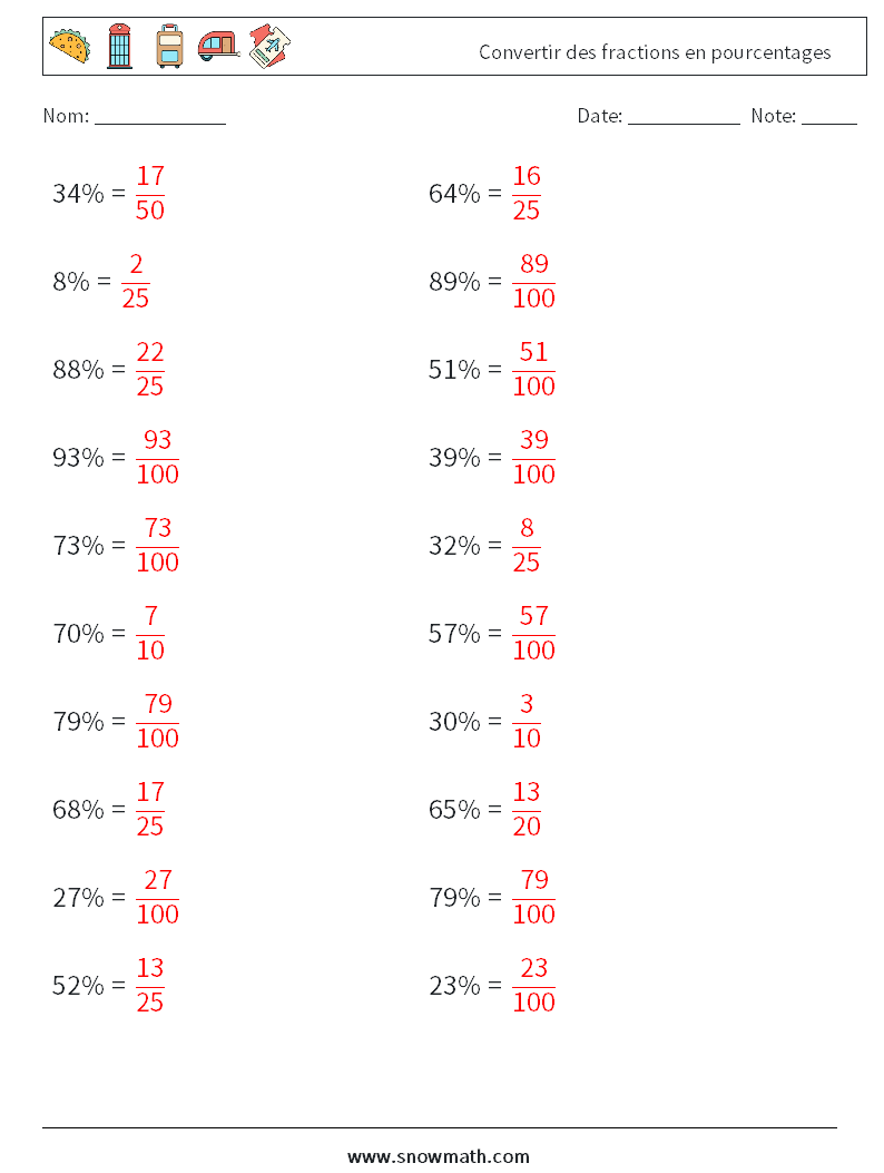 Convertir des fractions en pourcentages Fiches d'Exercices de Mathématiques 2 Question, Réponse