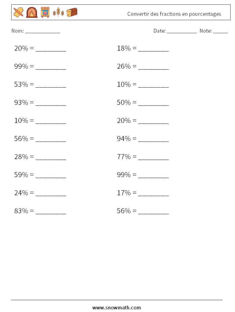 Convertir des fractions en pourcentages Fiches d'Exercices de Mathématiques 5