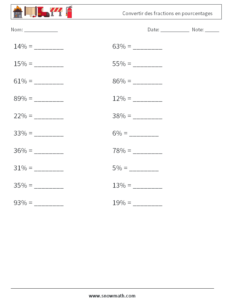 Convertir des fractions en pourcentages Fiches d'Exercices de Mathématiques 6