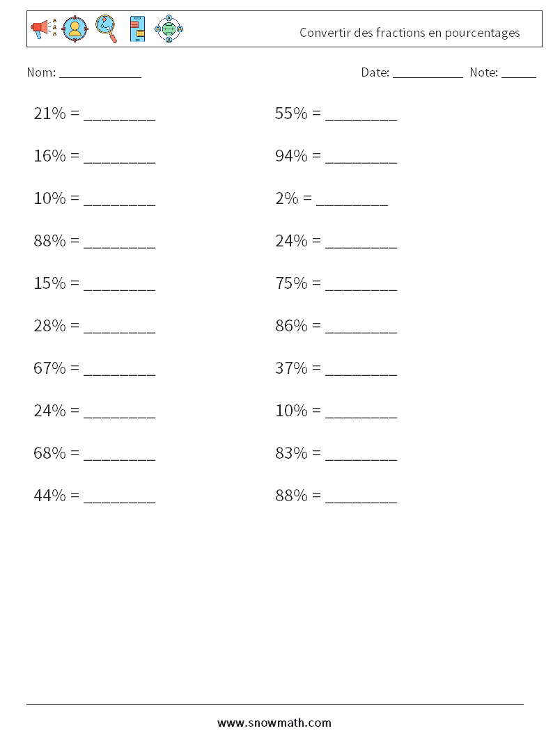 Convertir des fractions en pourcentages Fiches d'Exercices de Mathématiques 7