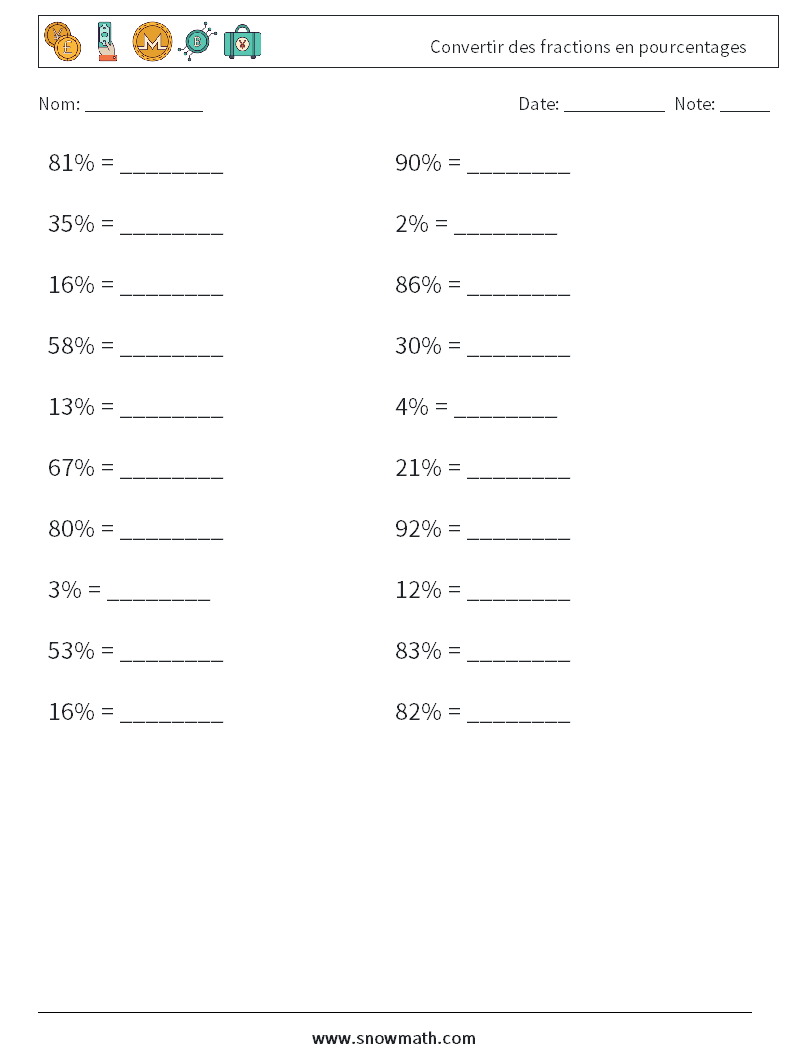 Convertir des fractions en pourcentages Fiches d'Exercices de Mathématiques 8