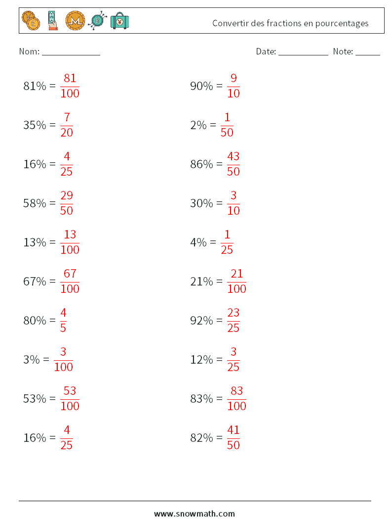 Convertir des fractions en pourcentages Fiches d'Exercices de Mathématiques 8 Question, Réponse