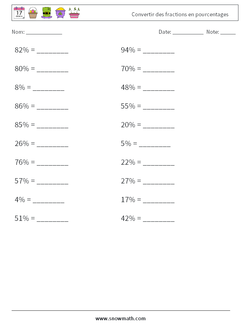 Convertir des fractions en pourcentages Fiches d'Exercices de Mathématiques 9