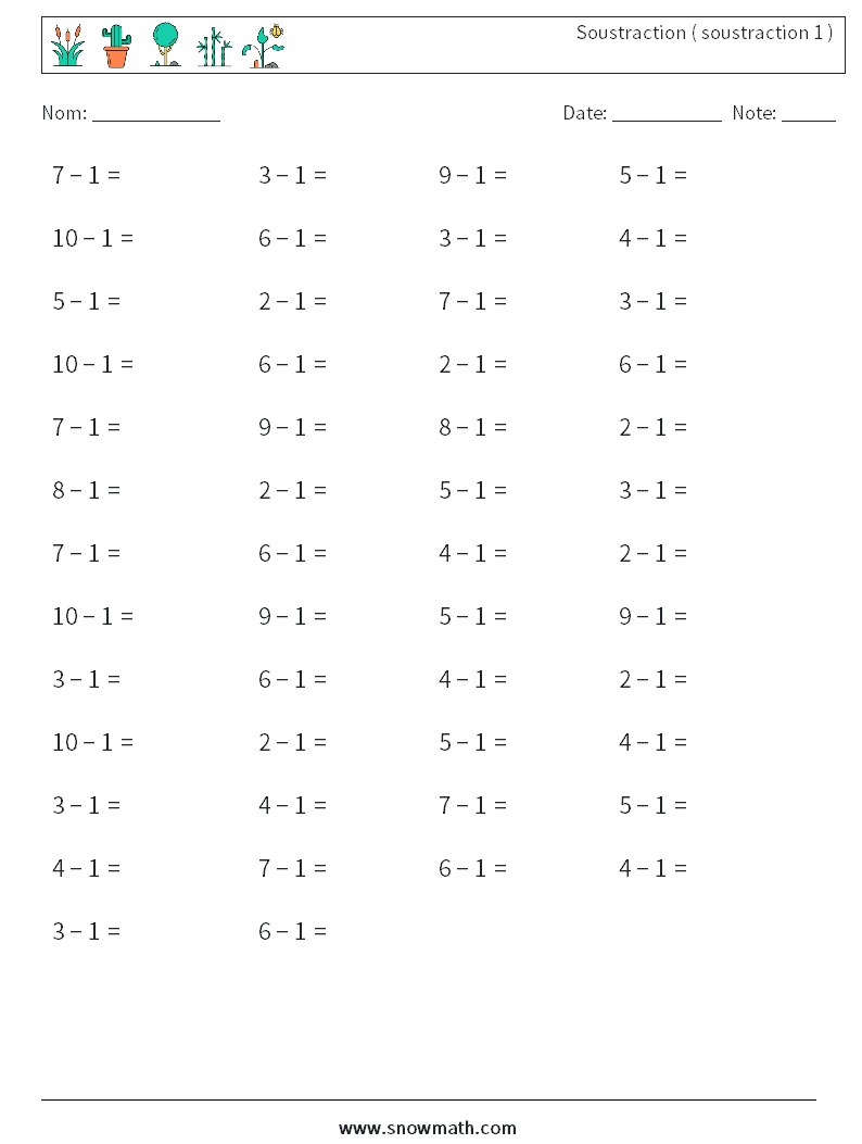 (50) Soustraction ( soustraction 1 ) Fiches d'Exercices de Mathématiques 4