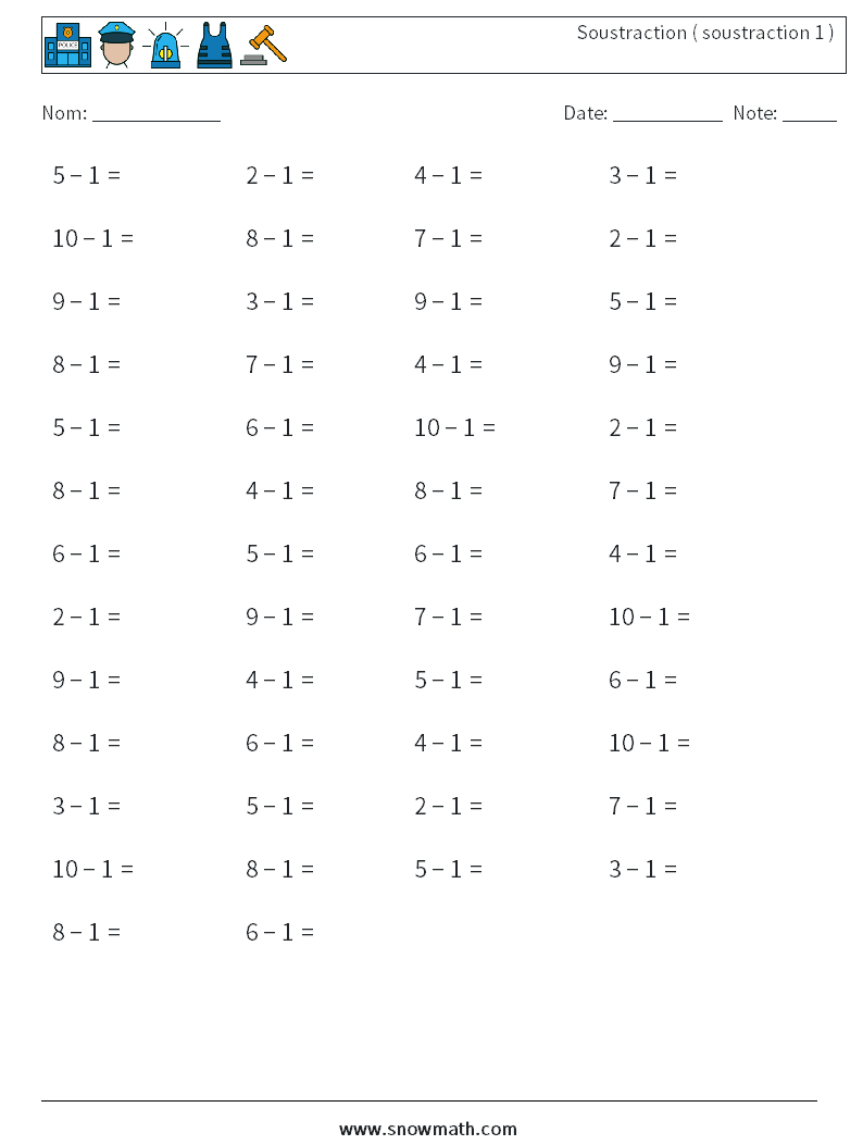 (50) Soustraction ( soustraction 1 ) Fiches d'Exercices de Mathématiques 8