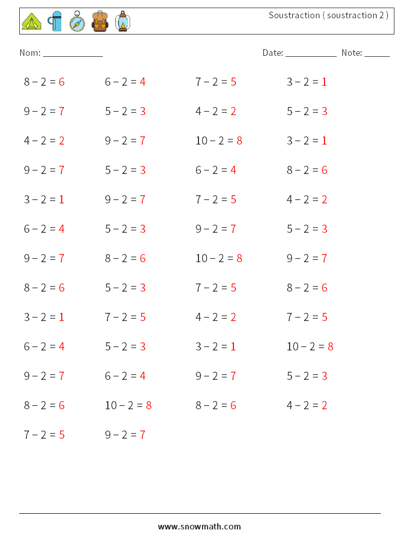 (50) Soustraction ( soustraction 2 ) Fiches d'Exercices de Mathématiques 1 Question, Réponse