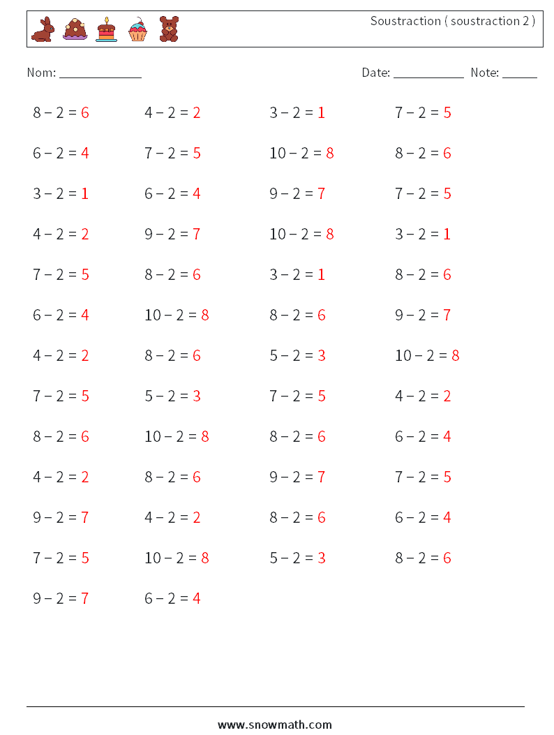 (50) Soustraction ( soustraction 2 ) Fiches d'Exercices de Mathématiques 2 Question, Réponse
