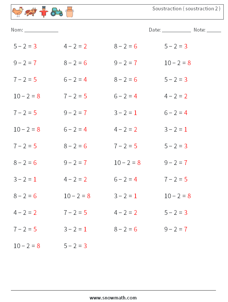(50) Soustraction ( soustraction 2 ) Fiches d'Exercices de Mathématiques 3 Question, Réponse