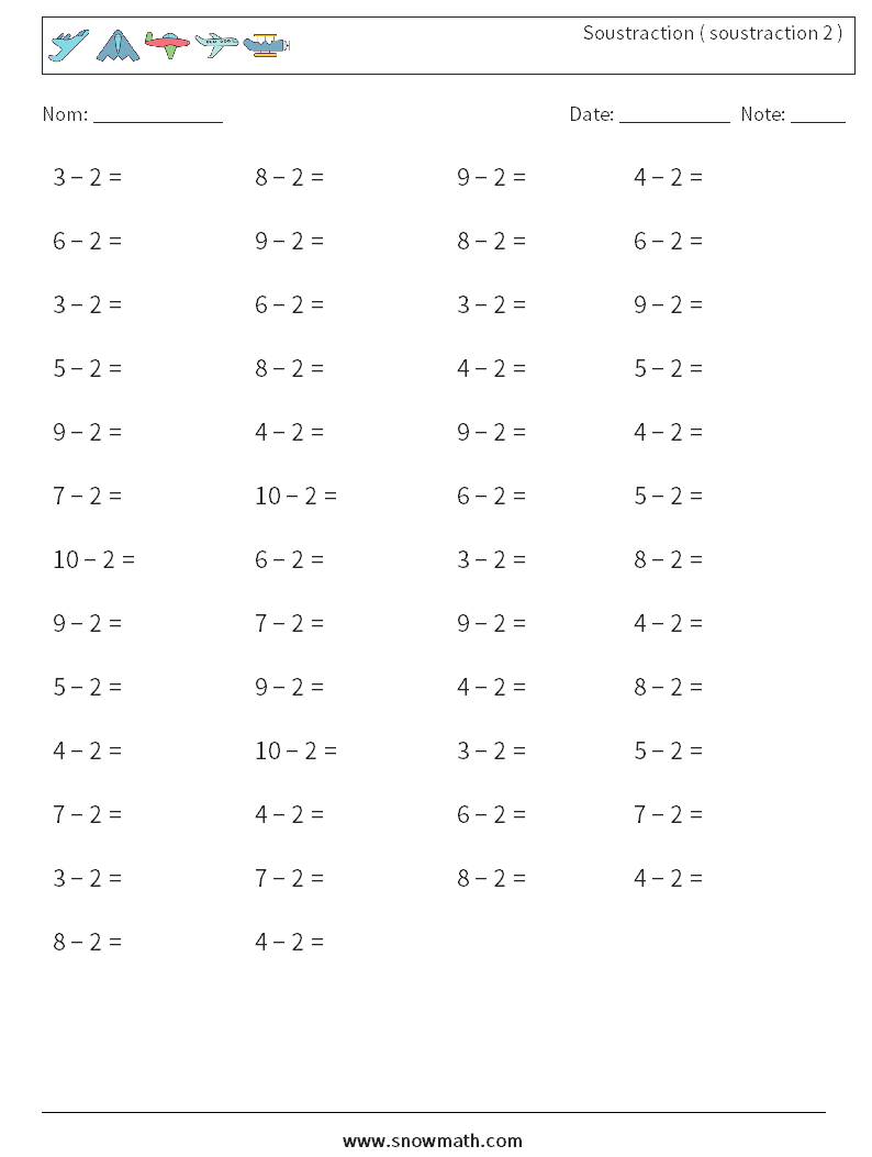 (50) Soustraction ( soustraction 2 ) Fiches d'Exercices de Mathématiques 4