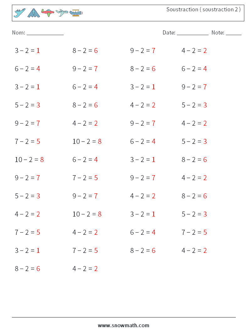 (50) Soustraction ( soustraction 2 ) Fiches d'Exercices de Mathématiques 4 Question, Réponse