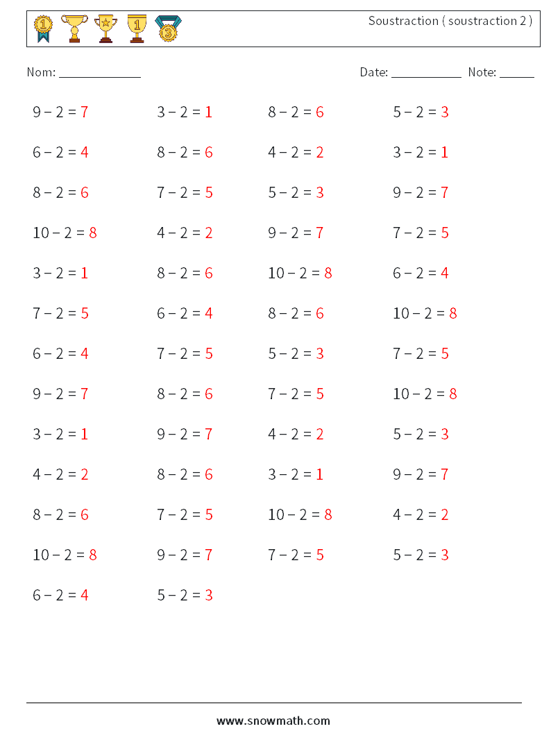 (50) Soustraction ( soustraction 2 ) Fiches d'Exercices de Mathématiques 5 Question, Réponse