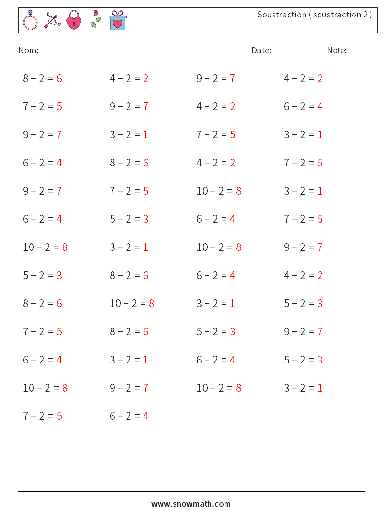 (50) Soustraction ( soustraction 2 ) Fiches d'Exercices de Mathématiques 6 Question, Réponse