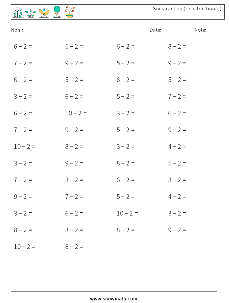 (50) Soustraction ( soustraction 2 ) Fiches d'Exercices de Mathématiques 7