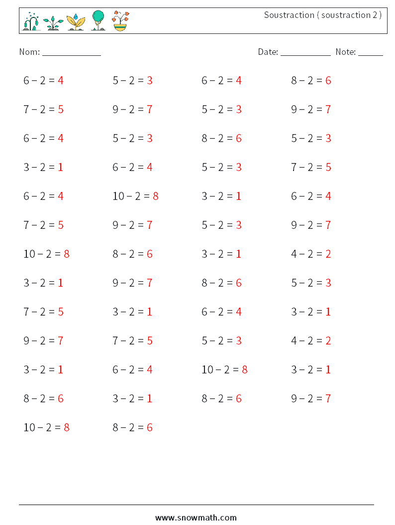 (50) Soustraction ( soustraction 2 ) Fiches d'Exercices de Mathématiques 7 Question, Réponse