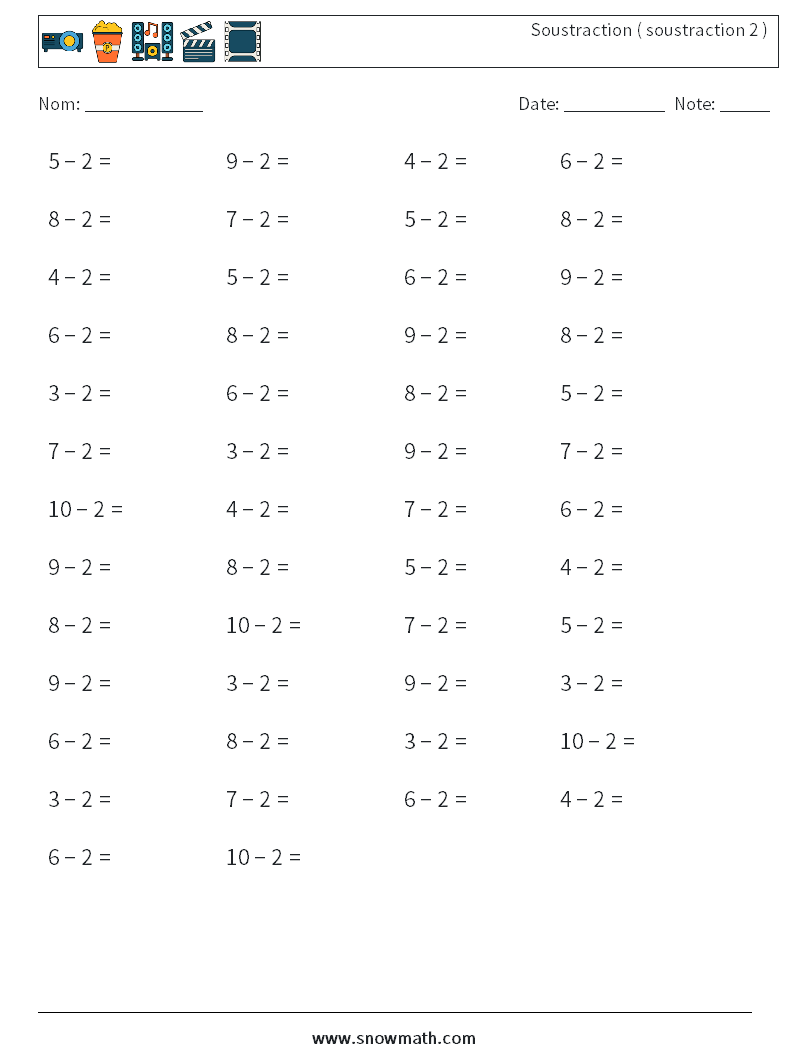 (50) Soustraction ( soustraction 2 ) Fiches d'Exercices de Mathématiques 8