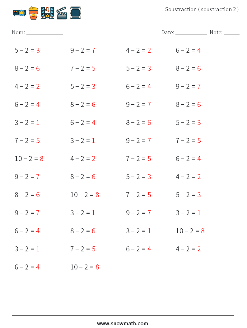 (50) Soustraction ( soustraction 2 ) Fiches d'Exercices de Mathématiques 8 Question, Réponse