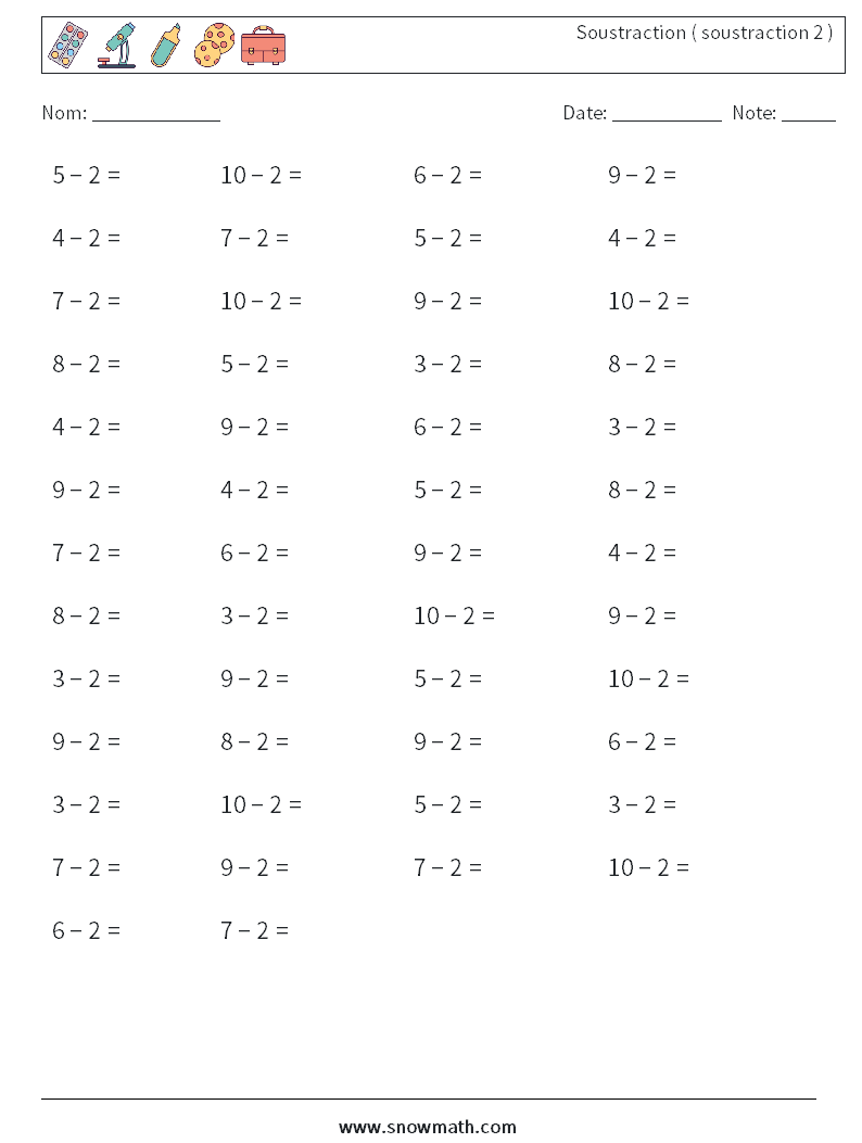 (50) Soustraction ( soustraction 2 ) Fiches d'Exercices de Mathématiques 9