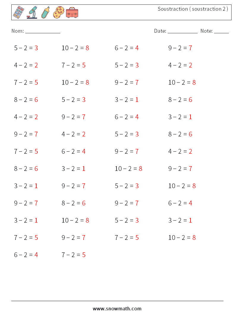 (50) Soustraction ( soustraction 2 ) Fiches d'Exercices de Mathématiques 9 Question, Réponse
