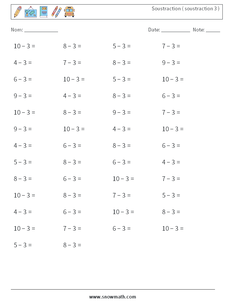 (50) Soustraction ( soustraction 3 ) Fiches d'Exercices de Mathématiques 2