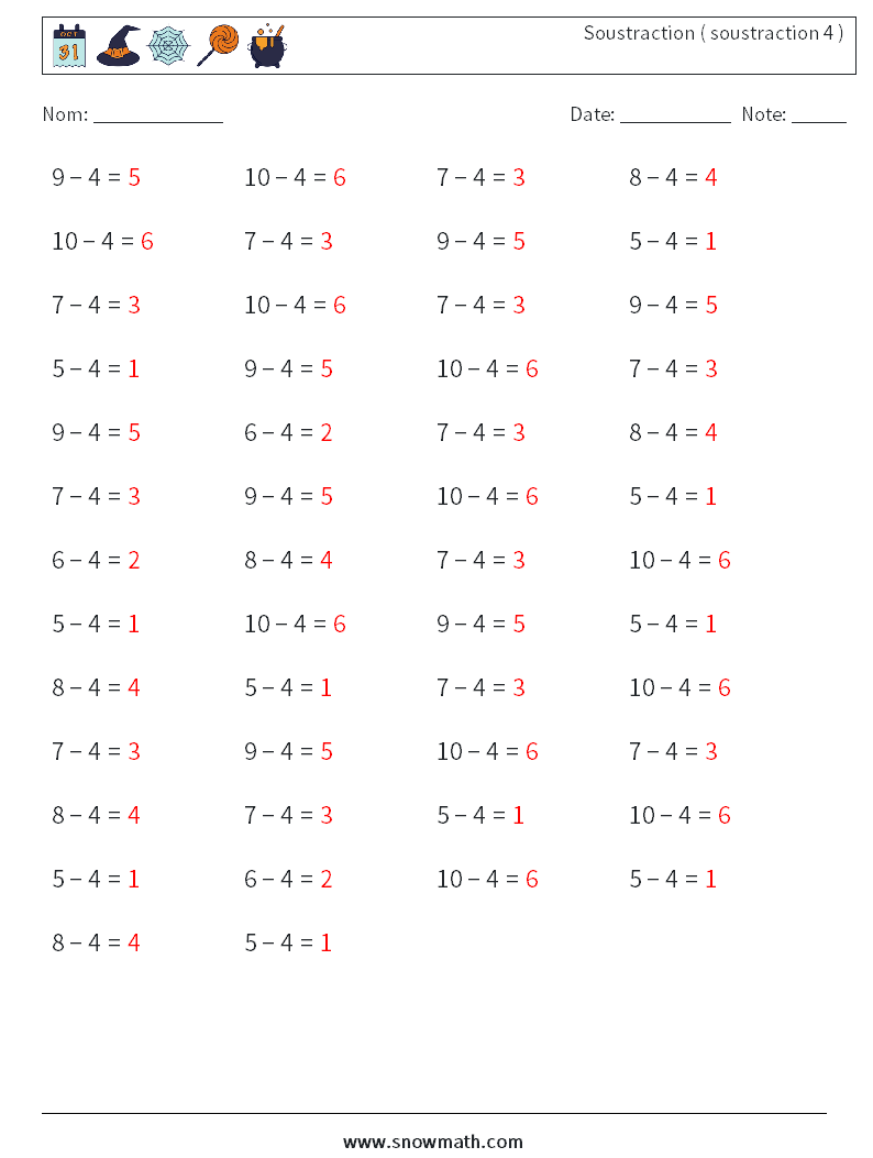(50) Soustraction ( soustraction 4 ) Fiches d'Exercices de Mathématiques 1 Question, Réponse
