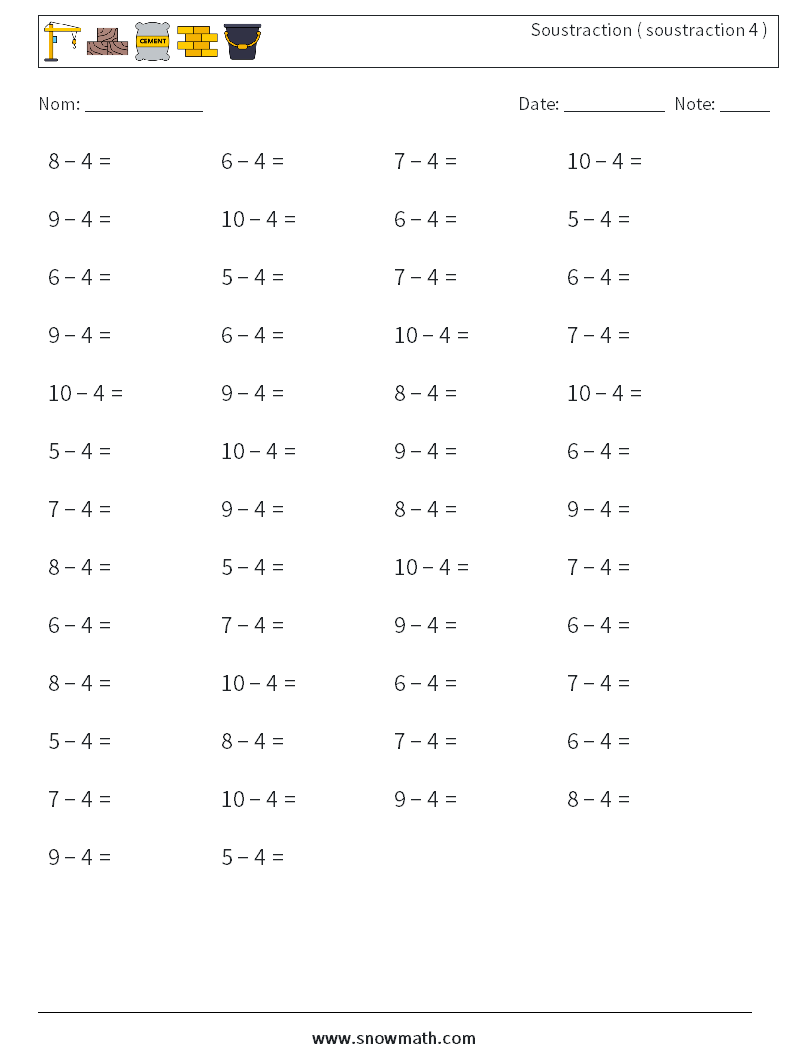 (50) Soustraction ( soustraction 4 ) Fiches d'Exercices de Mathématiques 2