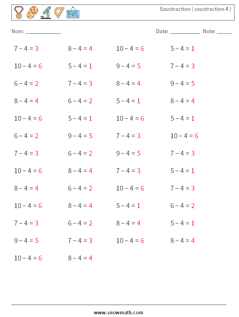 (50) Soustraction ( soustraction 4 ) Fiches d'Exercices de Mathématiques 3 Question, Réponse