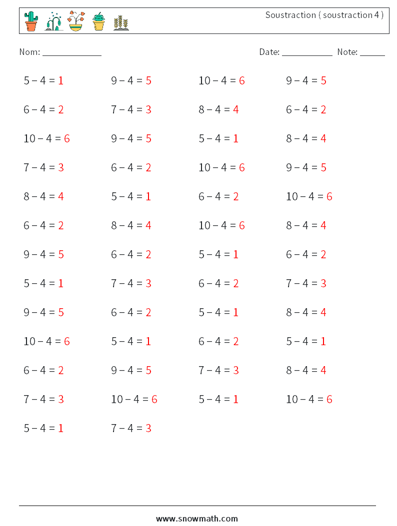 (50) Soustraction ( soustraction 4 ) Fiches d'Exercices de Mathématiques 7 Question, Réponse