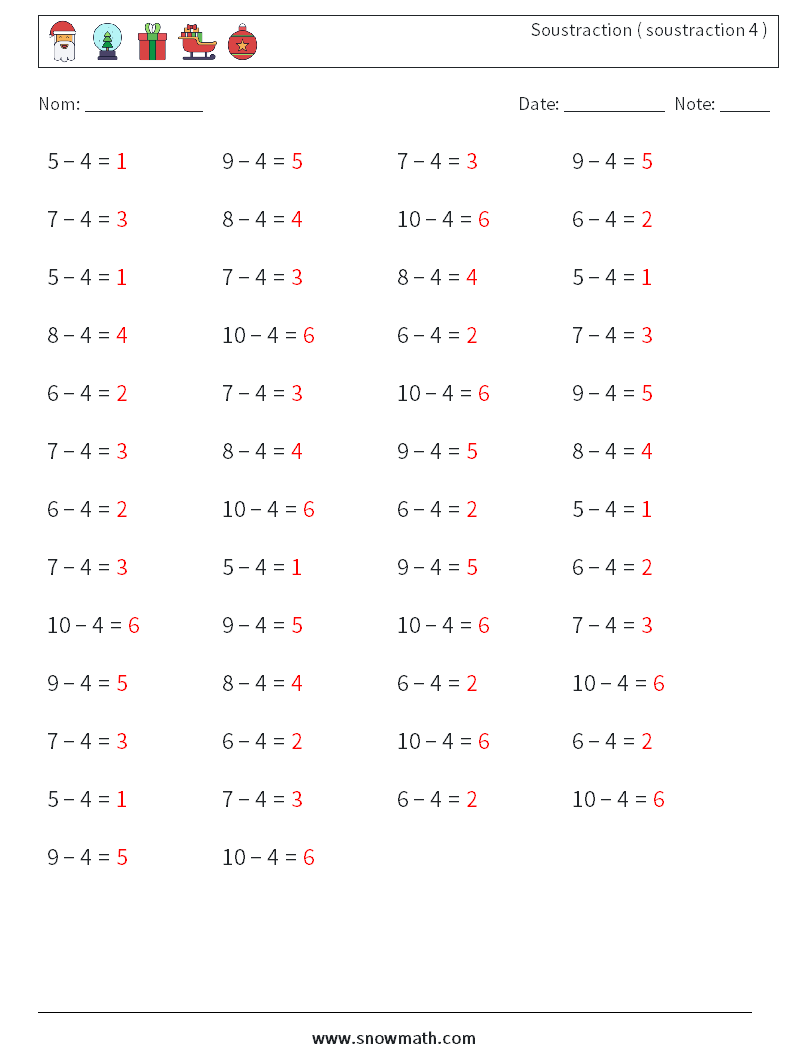 (50) Soustraction ( soustraction 4 ) Fiches d'Exercices de Mathématiques 8 Question, Réponse