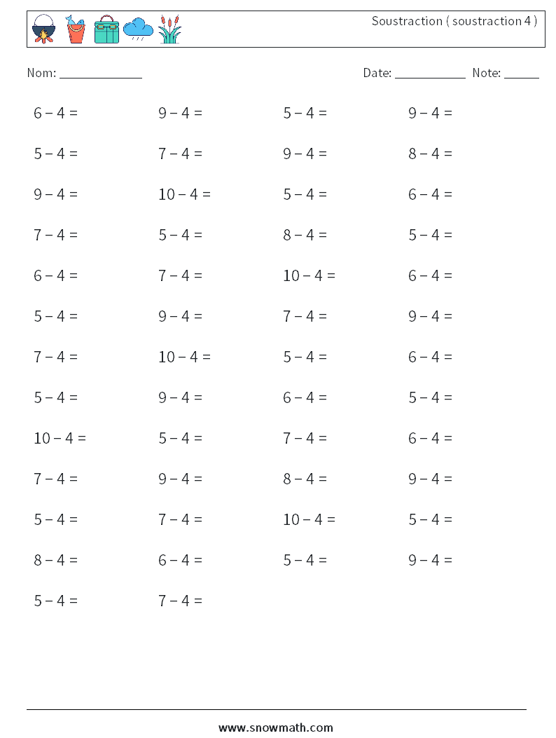 (50) Soustraction ( soustraction 4 ) Fiches d'Exercices de Mathématiques 9