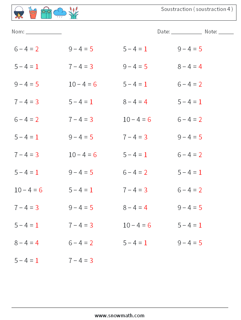 (50) Soustraction ( soustraction 4 ) Fiches d'Exercices de Mathématiques 9 Question, Réponse