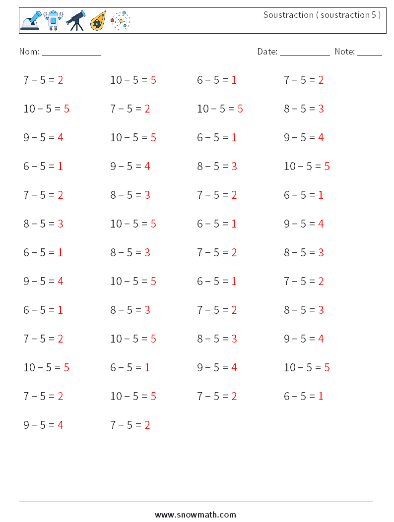(50) Soustraction ( soustraction 5 ) Fiches d'Exercices de Mathématiques 1 Question, Réponse