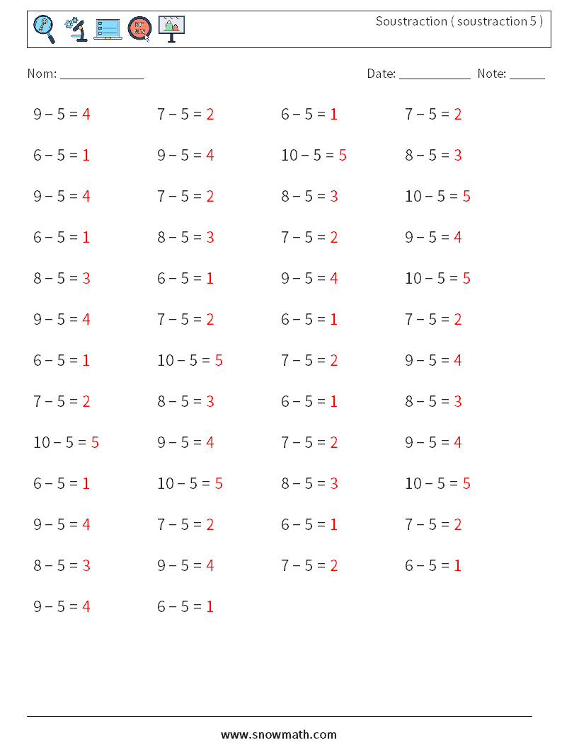 (50) Soustraction ( soustraction 5 ) Fiches d'Exercices de Mathématiques 2 Question, Réponse