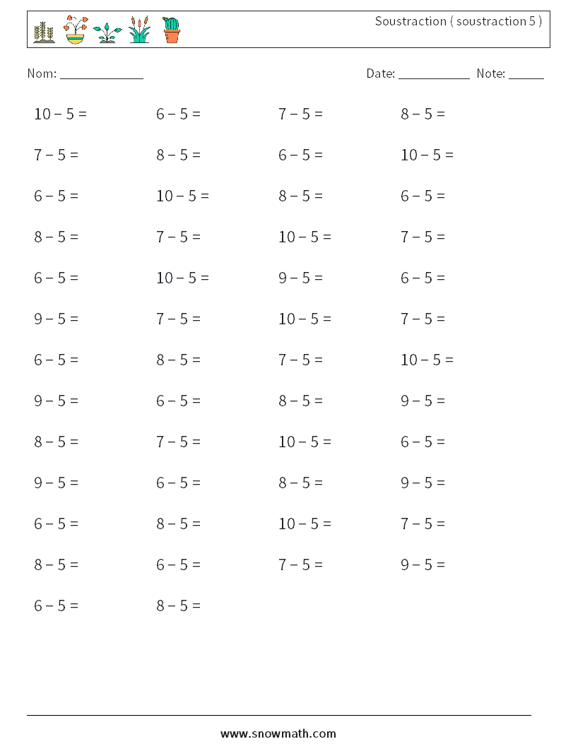(50) Soustraction ( soustraction 5 ) Fiches d'Exercices de Mathématiques 4