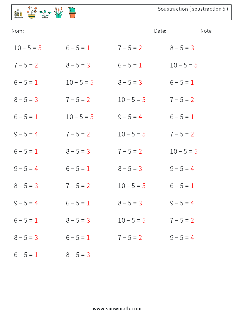 (50) Soustraction ( soustraction 5 ) Fiches d'Exercices de Mathématiques 4 Question, Réponse